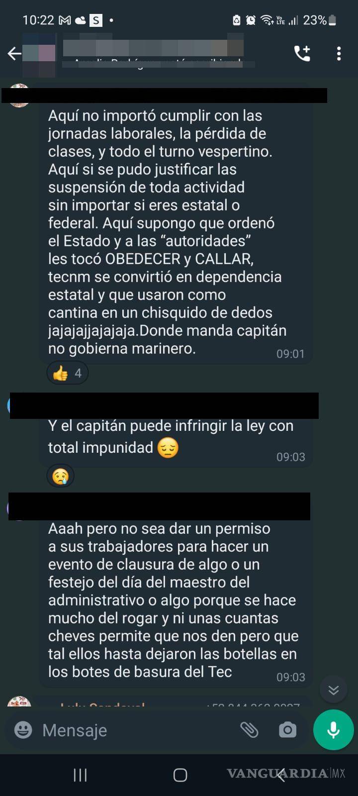 $!A través de grupos de WhatsApp se externaron las inconformidades con la Dirección del Instituto Tecnológico de Saltillo.