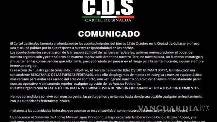 $!'Agradecemos a AMLO por liberación de Ovidio'... Cártel de Sinaloa ofrece disculpas al pueblo de Culiacán por balaceras