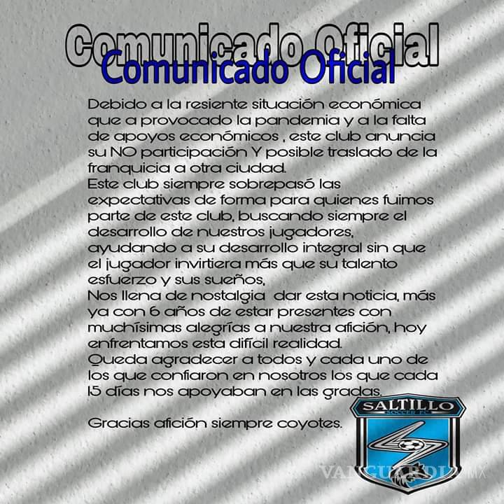 $!Saltillo Soccer anuncia que no participará en Tercera División e incluso podría emigrar