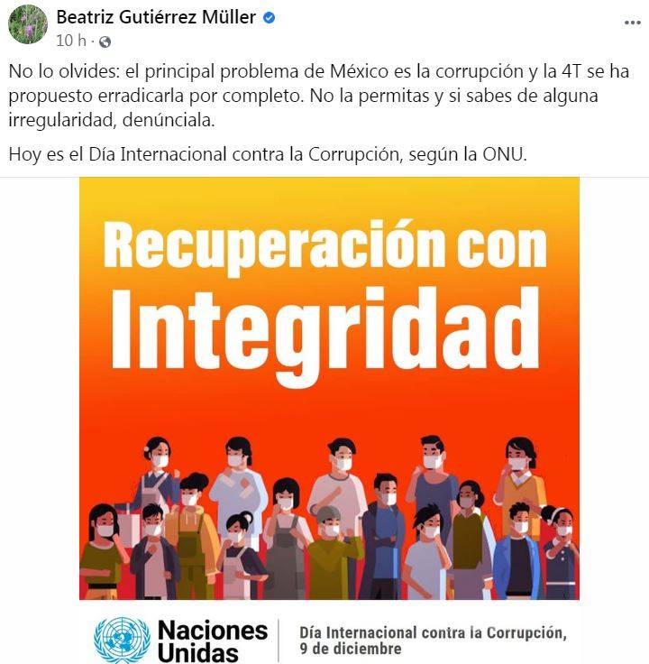 $!Gutiérrez Müller pide denunciar actos de corrupción en medio de críticas a AMLO por contratos de su prima