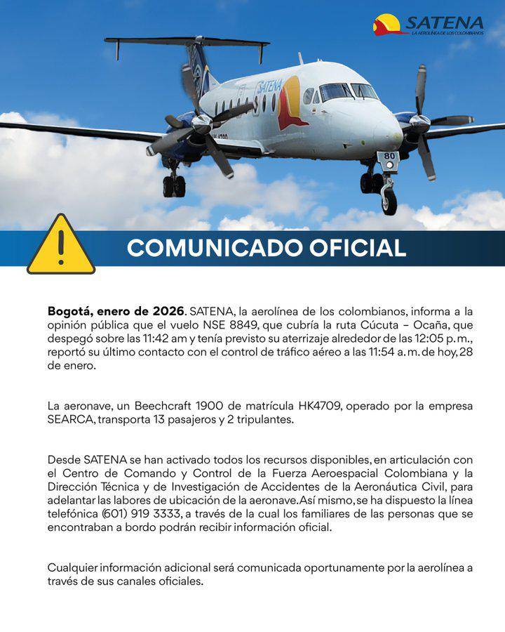 $!Avión se estrella en Norte de Santander, Colombia, con 15 personas a bordo; descartan sobrevivientes