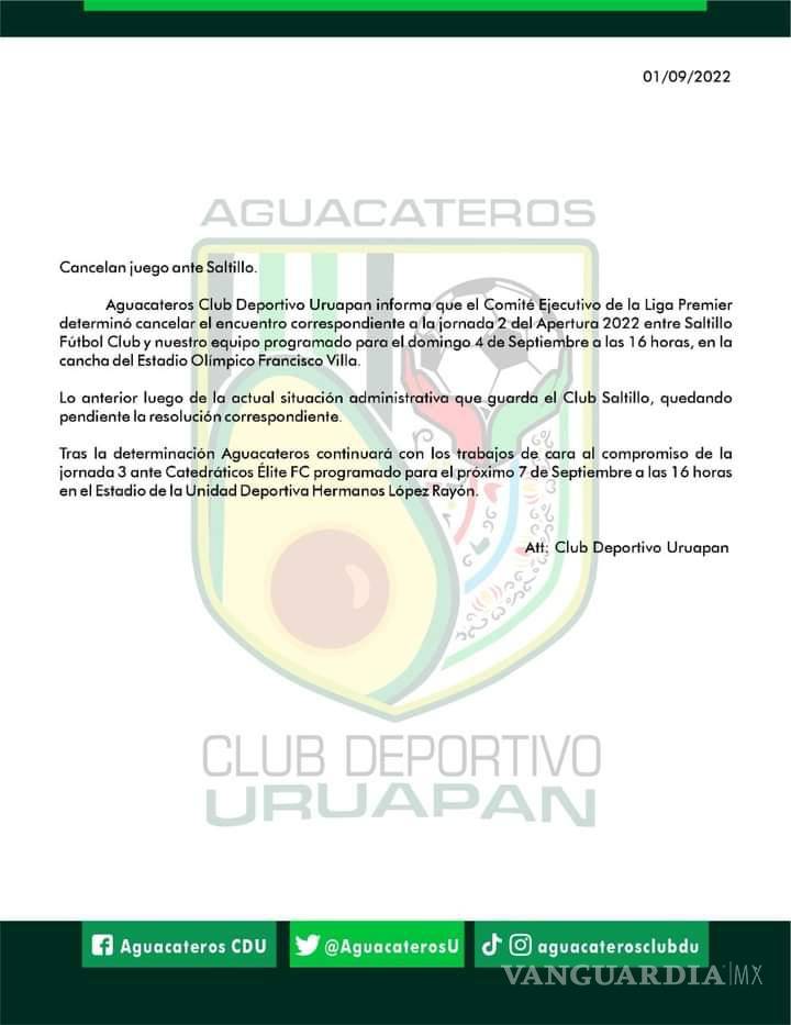$!El comunicado oficial de los Aguacateros de Uruapan ha confirmado la situación crítica del Saltillo FC.