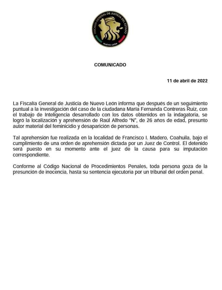 $!Localizan en Coahuila al presunto asesino de María Fernanda