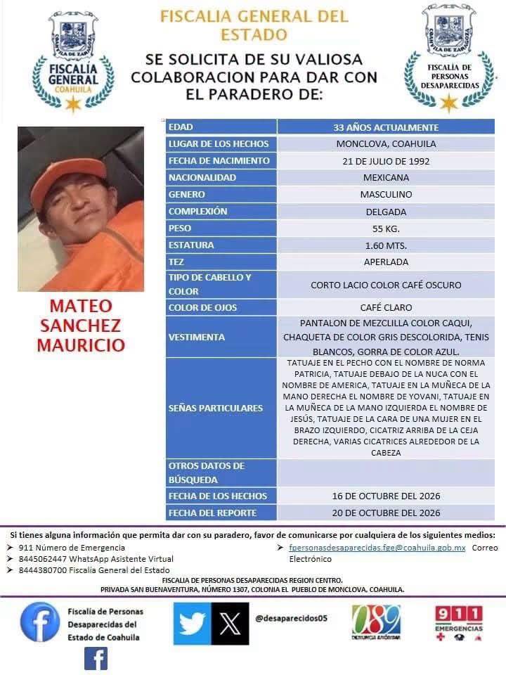 $!Mateo Sánchez Mauricio, de 33 años, fue visto por última vez el pasado 16 de octubre en Monclova; las autoridades mantienen activa su búsqueda.