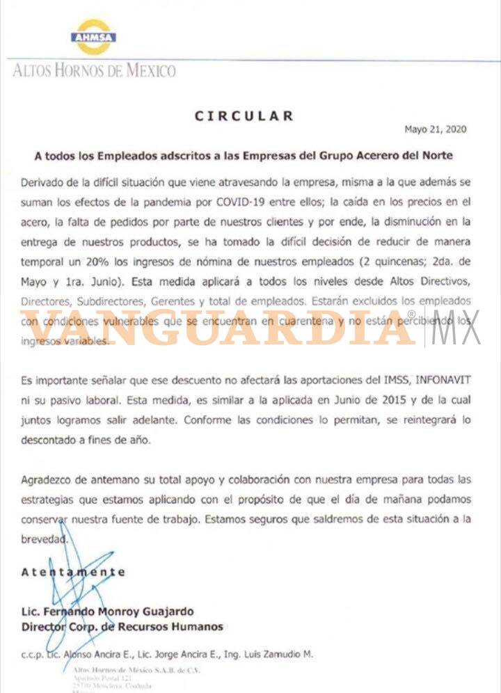 $!Bajará AHMSA 20% el sueldo a sus empleados por crisis