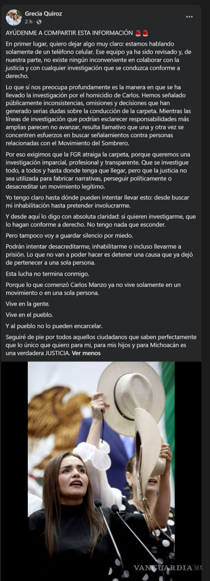 $!Grecia Quiroz se defiende ante posible arresto por no entregar dispositivos de Carlos Manzo: ‘Es solo un celular’