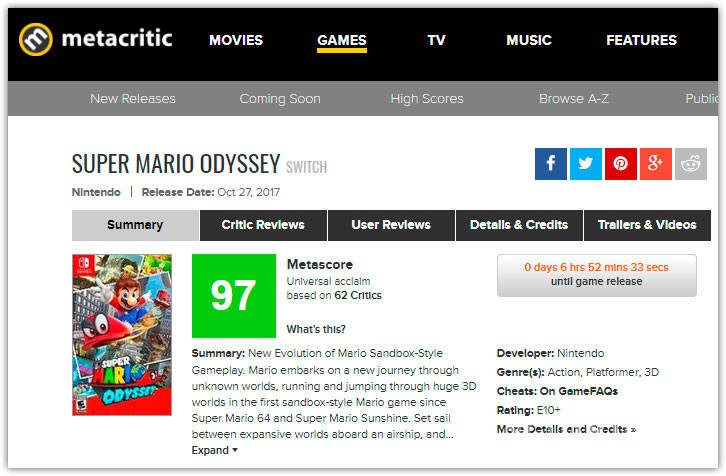 $!Super Mario Odyssey se lleva 'lluvia' de reseñas positivas