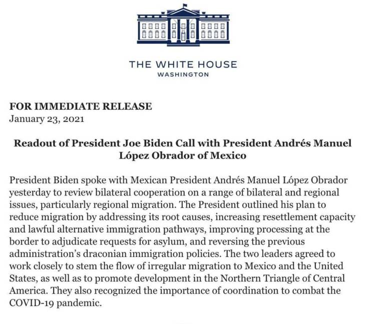 $!Migración y COVID-19, confirma Casa Blanca temas en primera llamada entre AMLO y Biden