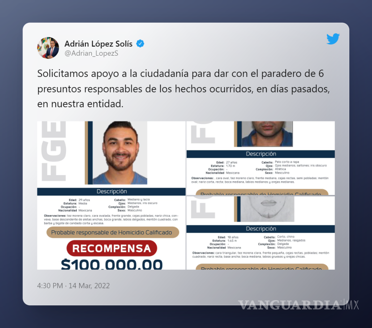 $!FGE ofrece recompensa por información que facilite la detención de 6 de los presuntos responsables de la masacre en Michoacán