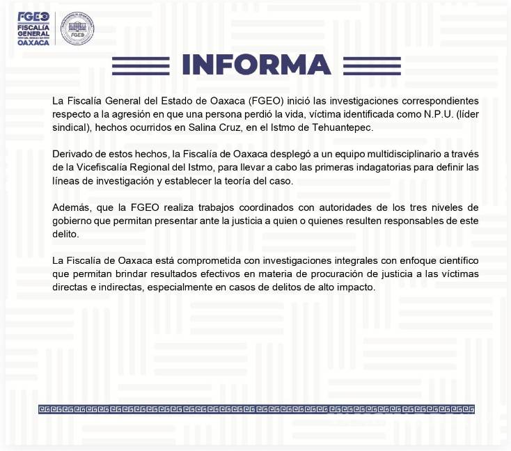 $!Fiscalía de Oaxaca confirma asesinato de Noé Pérez Urquidi, líder sindical, en Salina Cruz
