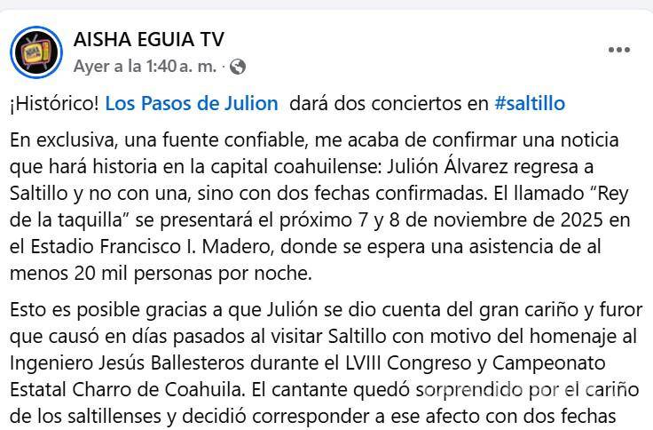$!¿Dará Julión Álvarez 2 conciertos en Saltillo oiga? Esto se sabe de su supuesta visita
