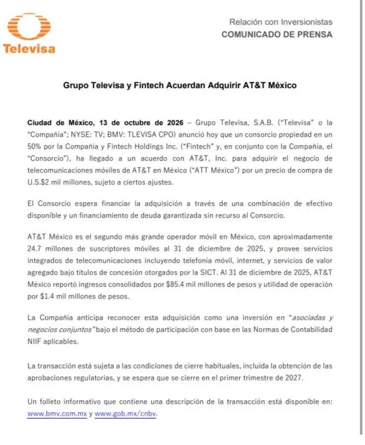 $!Informe de Grupo Televisa sobre la adquisición de AT&amp;T México.