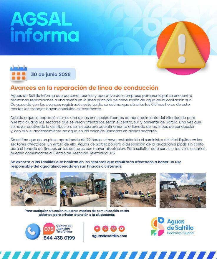 $!La reparación de una avería en la captación sur afectará temporalmente el suministro de agua en los sectores centro, sur y poniente de Saltillo.