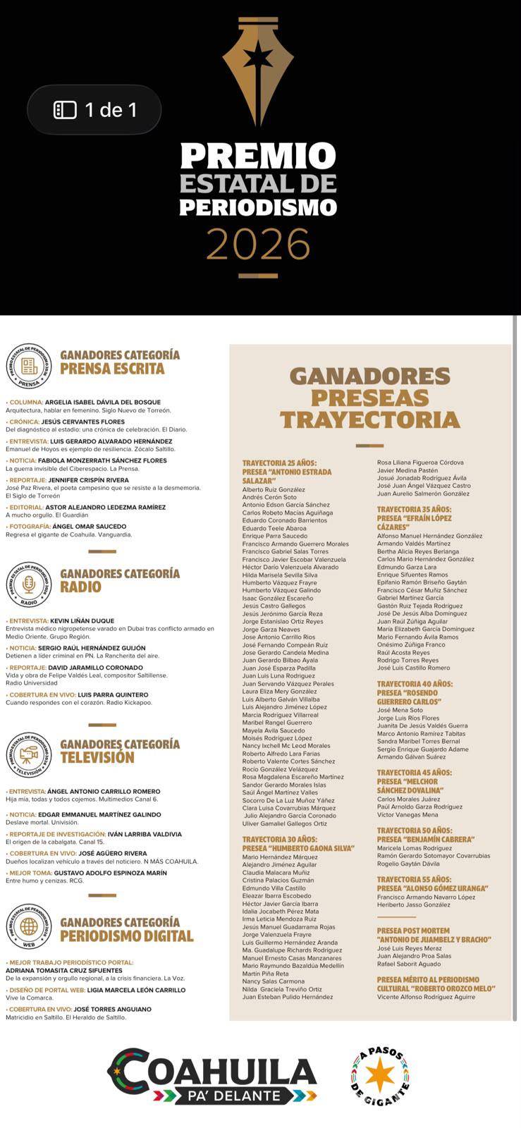 $!El Gobierno de Coahuila dio a conocer a las y los ganadores del Premio Estatal de Periodismo 2026, certamen que reunió 415 trabajos en cuatro categorías.