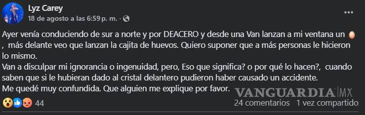 $!Lyz Carey compartió en sus redes sociales la experiencia de un extraño ataque mientras manejaba cerca de la planta DeAcero.