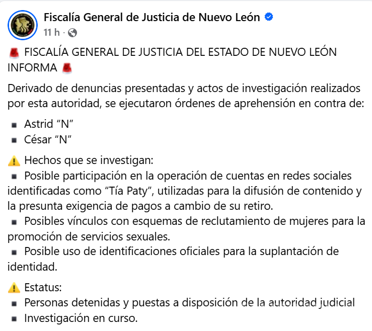 $!Detienen a dos personas por caso ‘Tía Paty’ en Nuevo León; investigan extorsión, suplantación y reclutamiento