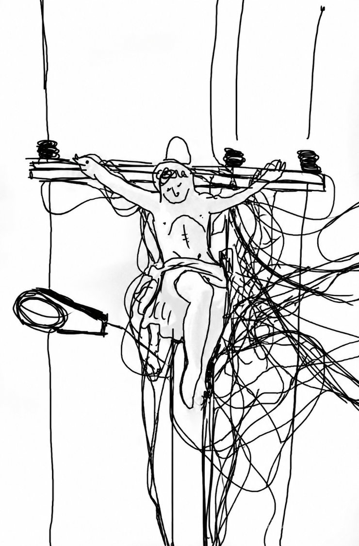 $!Una crucifixión entre cables y postes convierte la infraestructura urbana en una imagen de sacrificio. El dibujo lleva al absurdo nuestra dependencia de la electricidad y las contradicciones de una modernidad que también produce sus propios martirios.