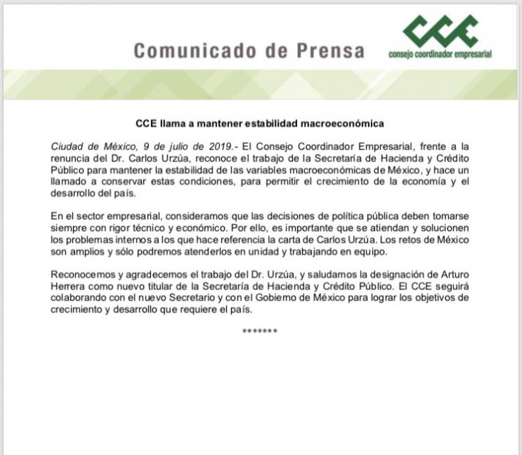 $!CCE pide cuidar estabilidad económica, tras renuncia de Carlos Urzúa