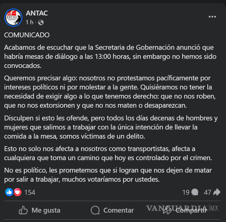 $!ANTAC insiste en que no hay diálogo formal con Segob pese a la convocatoria pública.