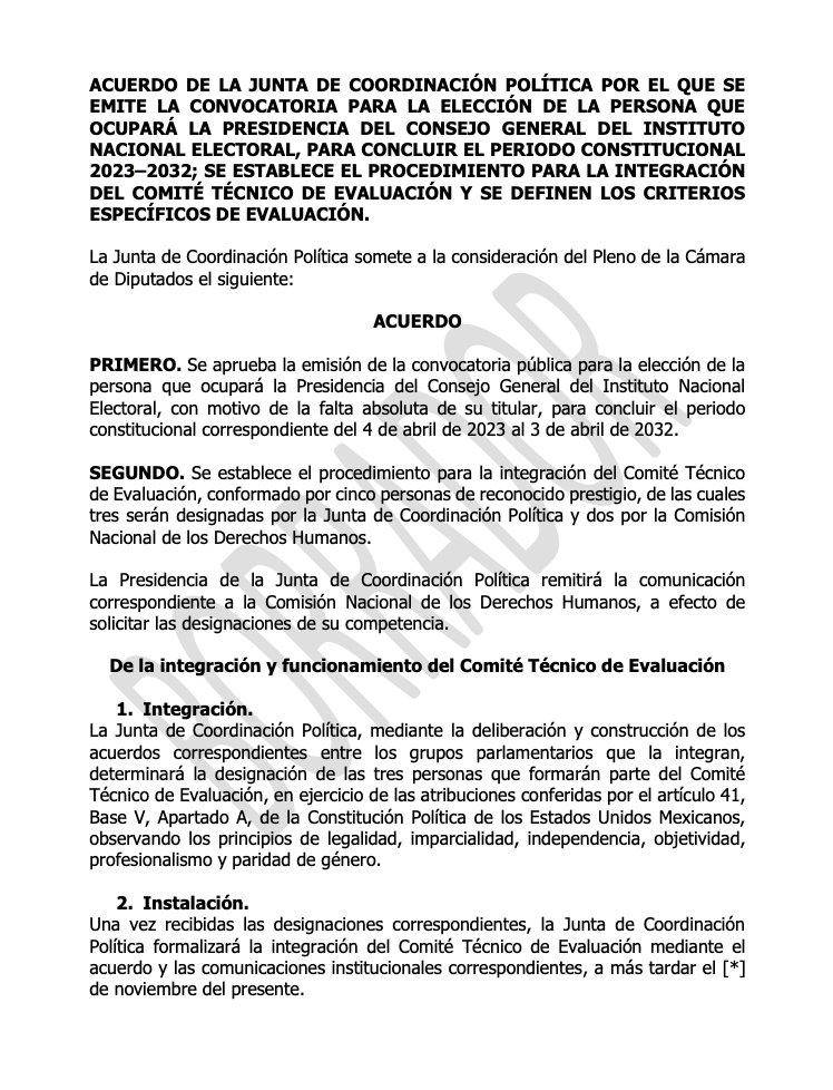 $!Borrador de la convocatoria para presidencia del INE.