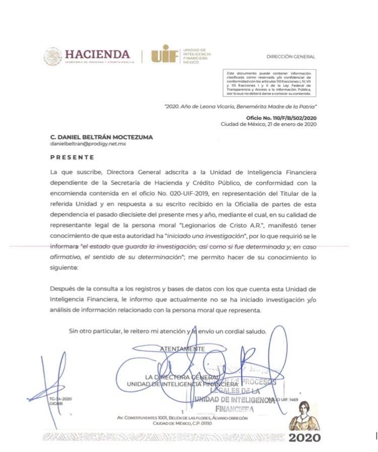 $!Legionarios de Cristo niegan que exista una investigación en su contra por parte de la Unidad de Inteligencia Financiera