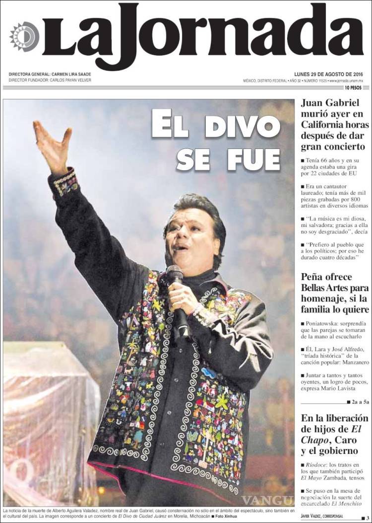 $!Así despidieron los periódicos del mundo a Juan Gabriel