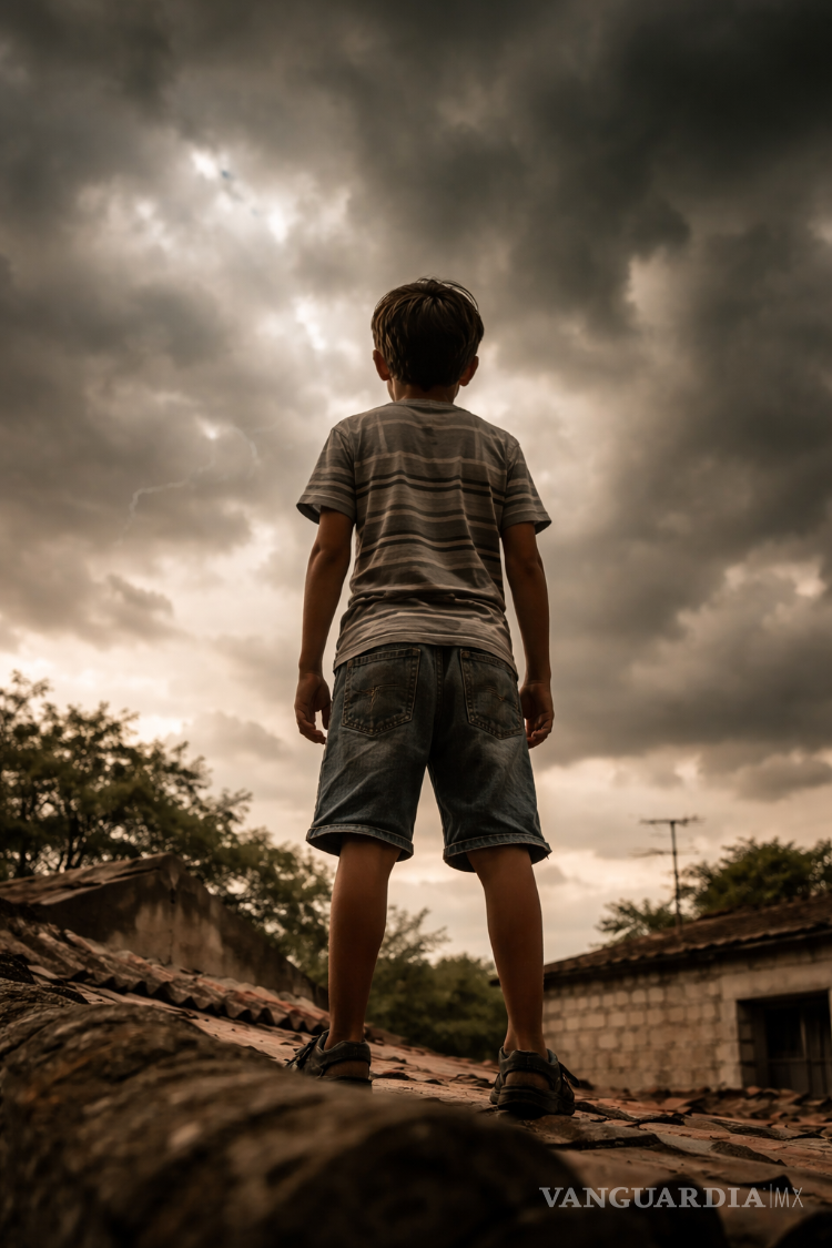 $!El niño sale a mirar el cielo, convencido de que la amenaza anunciada por la radio puede aparecer en cualquier momento.