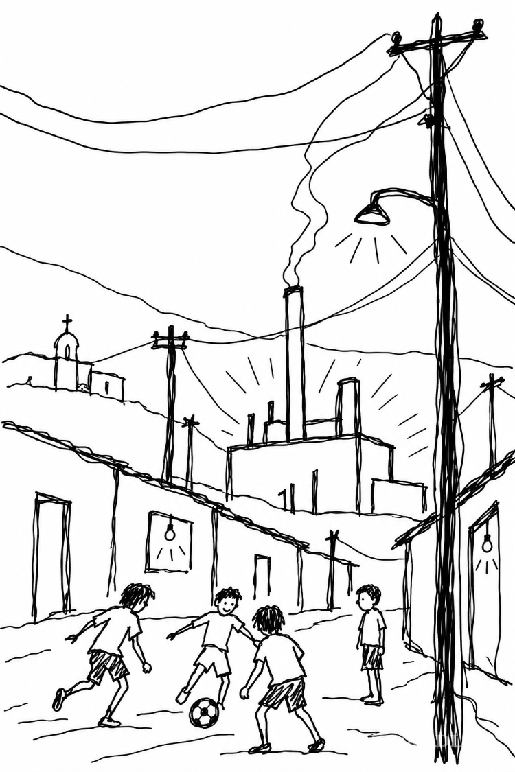 $!Ilustración inspirada en los recuerdos de infancia de mi padre en Mazapil, Zacatecas, durante los años cincuenta y sesenta. La electricidad llegaba apenas unas horas al día, gracias a una pequeña planta que encendían al anochecer. En aquel pueblo, la modernidad tenía horarios: alrededor de las once de la noche, la luz se apagaba y la vida continuaba.