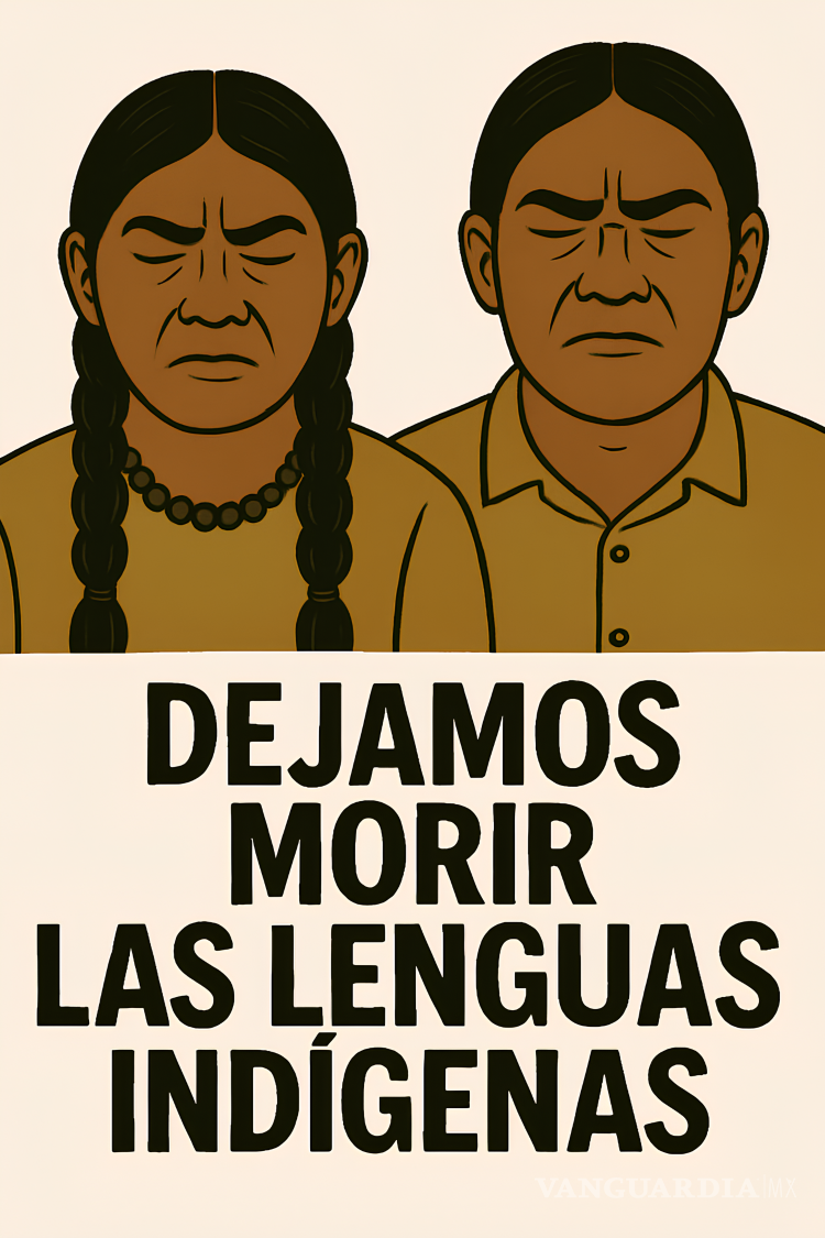 $!En esta ilustración, una mujer y un hombre indígenas aparecen con los ojos cerrados y el gesto endurecido. No hay llanto, hay dignidad. La frase “Dejamos morir las lenguas indígenas” interpela directamente al espectador: no es la historia la que las sepultó, sino la indiferencia colectiva.