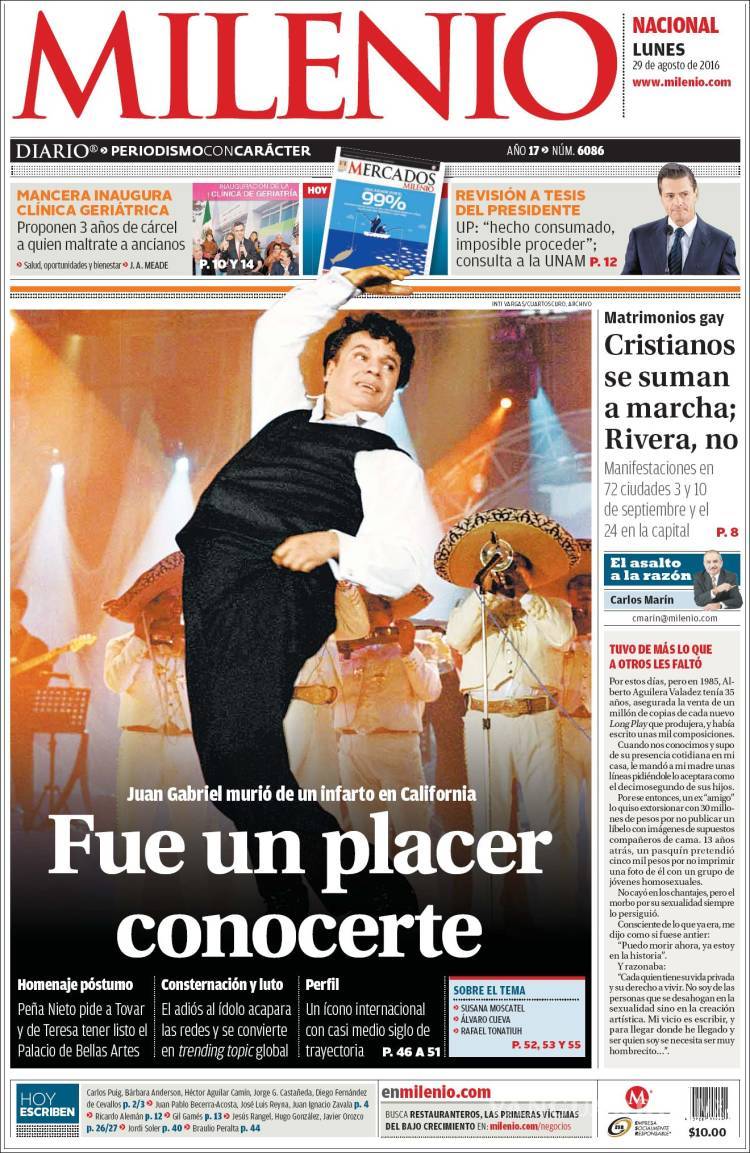 $!Así despidieron los periódicos del mundo a Juan Gabriel