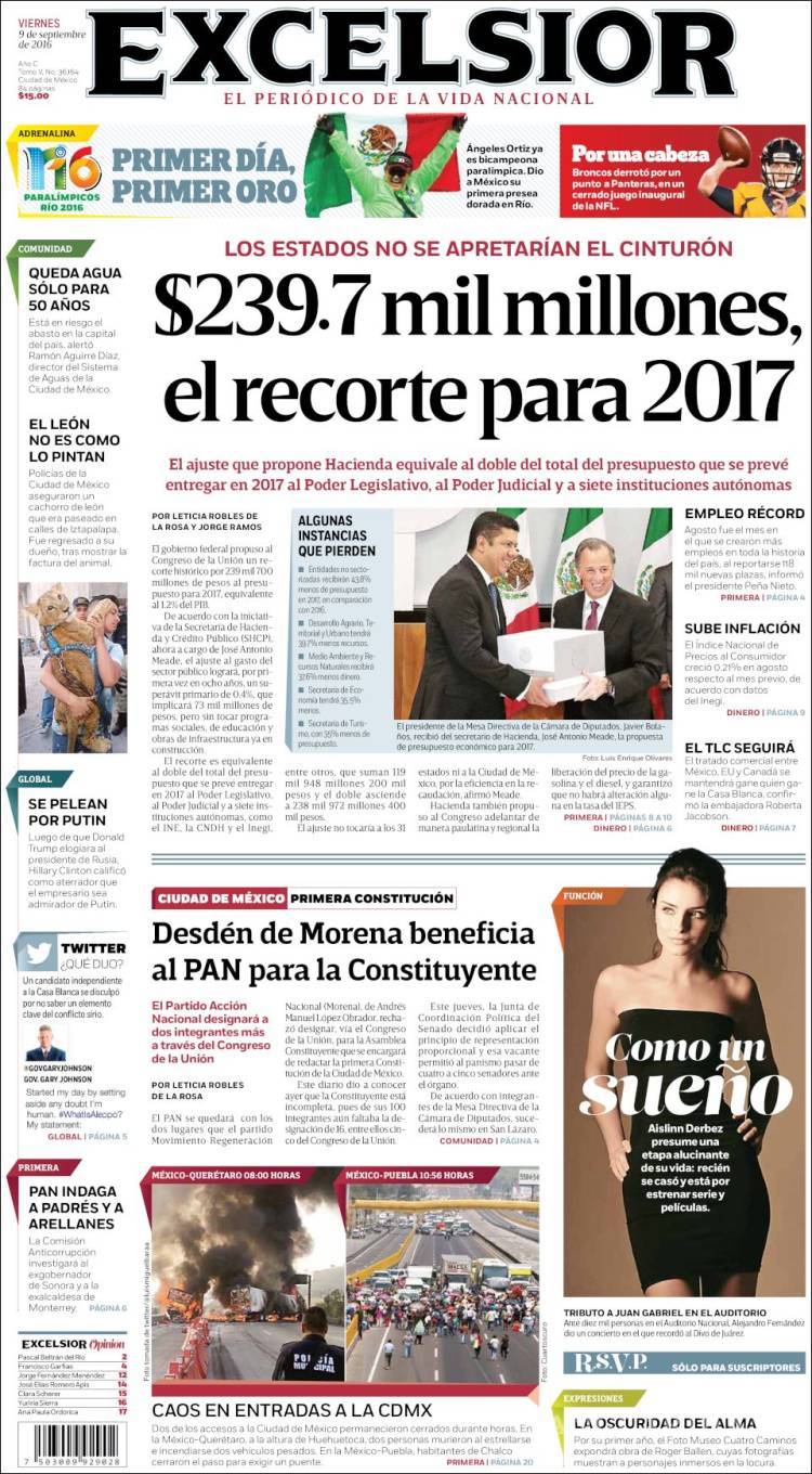 $!Titulares Prensa Nacional 09/09/2016