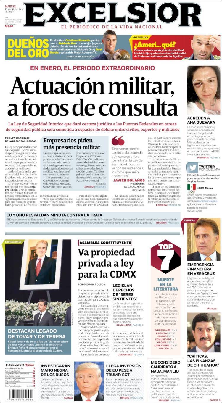 $!Titulares Prensa Nacional 13/12/2016