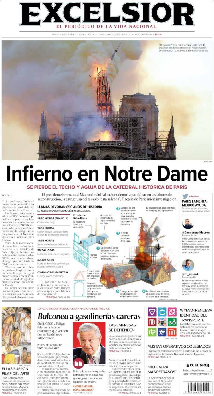 $!El desastre de Notre Dame en 13 portadas de diarios del mundo