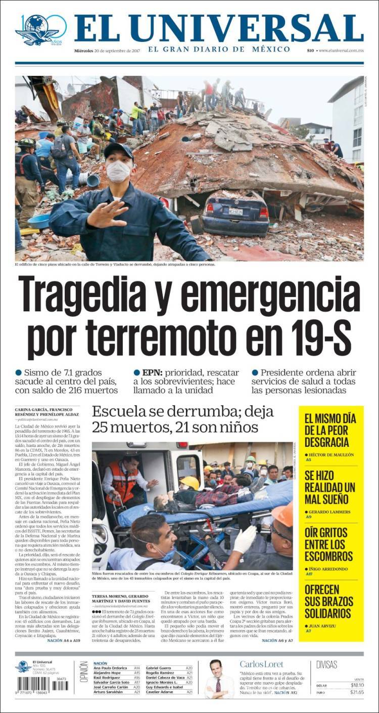 $!Las portadas de diarios en más de 100 años de sismos en México