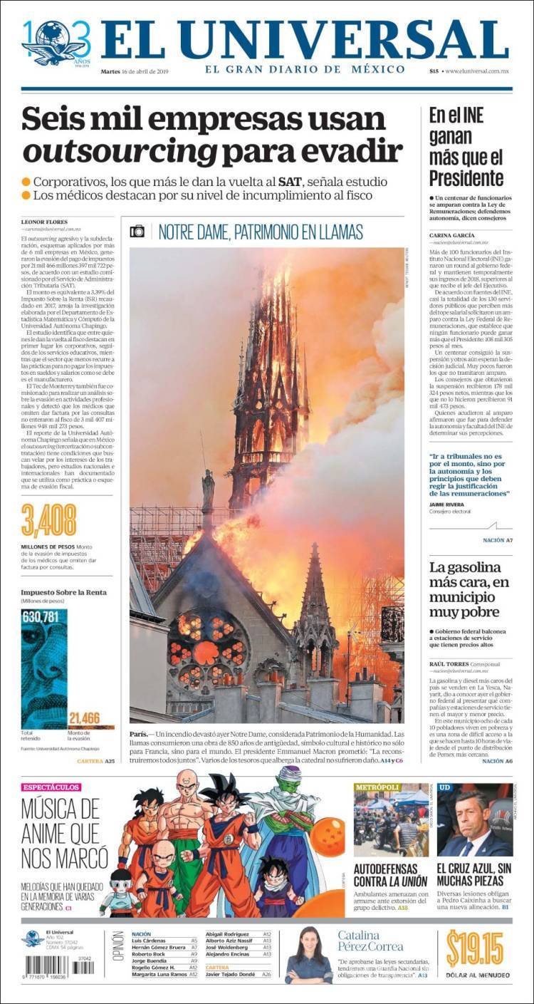 $!El desastre de Notre Dame en 13 portadas de diarios del mundo