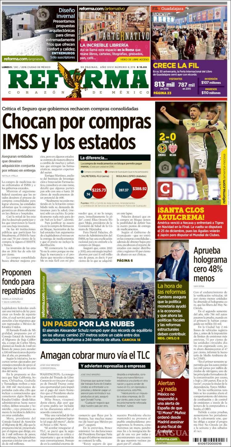 $!Titulares Prensa Nacional 05/12/2016