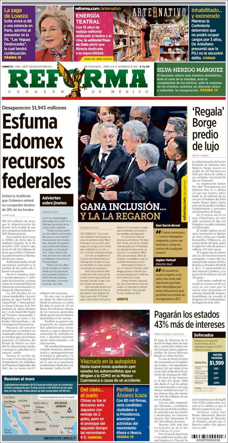 $!Titulares Prensa Nacional 27/02/2017