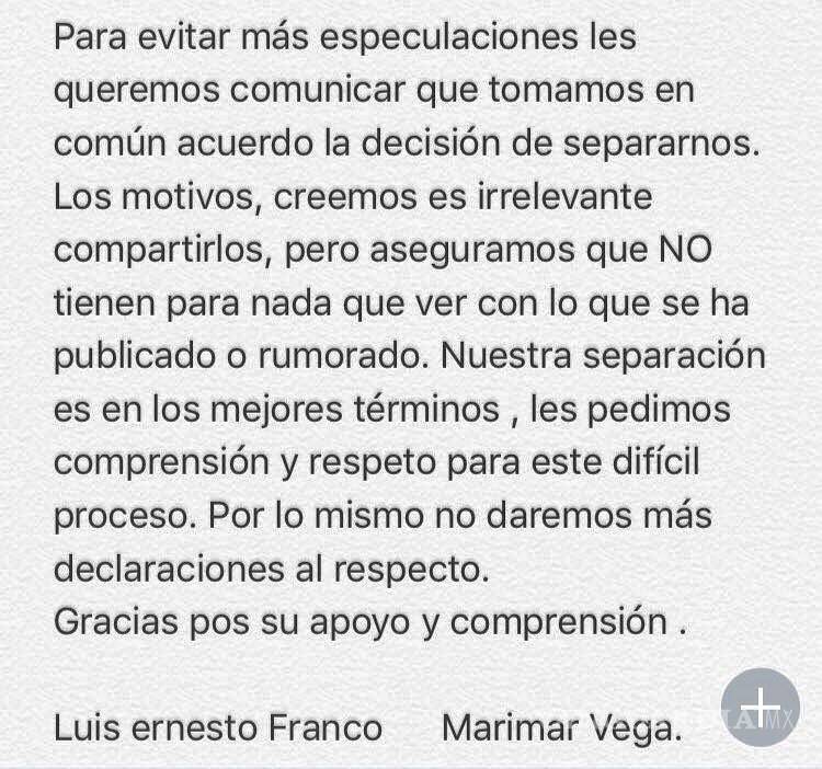 $!Marimar Vega y Luis Ernesto Franco confirman separación