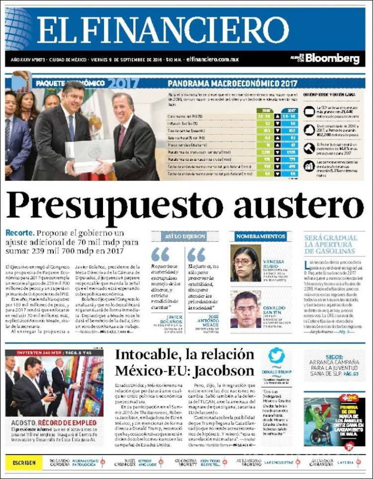 $!Titulares Prensa Nacional 09/09/2016