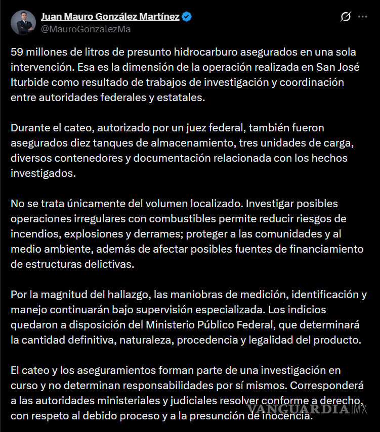 $!Los indicios quedaron bajo resguardo del Ministerio Público Federal para determinar la naturaleza y procedencia del combustible.