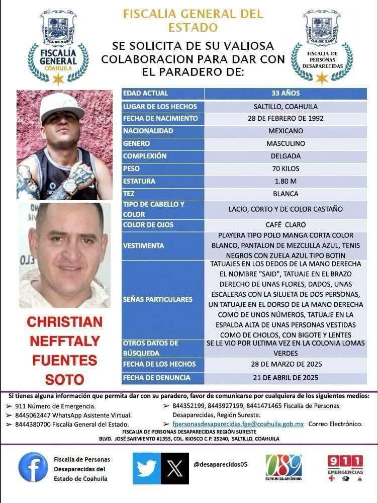 $!Christian Neftalí fue reportado como desaparecido el 28 de marzo, aunque su ficha de búsqueda se emitió hasta el 21 de abril; se encontraba vestido con playera blanca, pantalón de mezclilla y tenis negros.