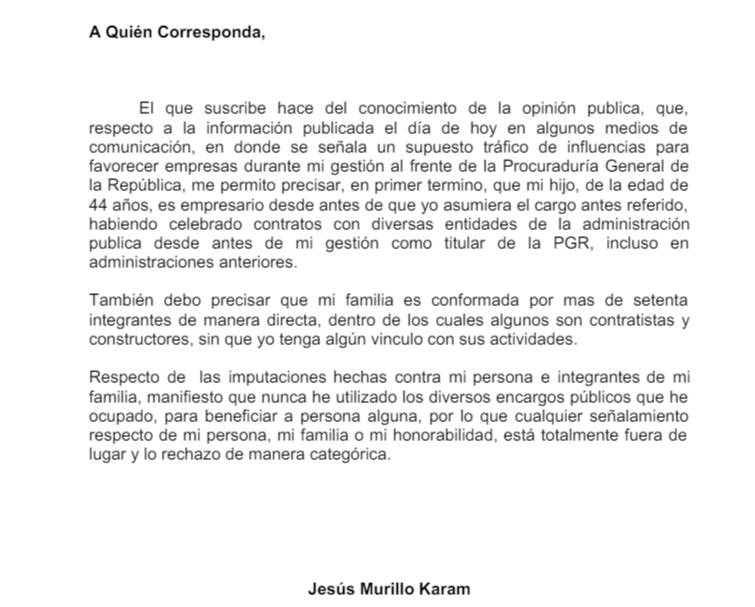 $!El exprocurador Murillo Karam niega haber ayudado a empresas familiares