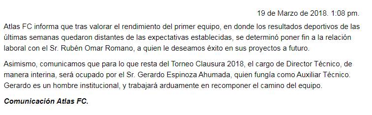 $!Cesan a Rubén Omar Romano del Atlas