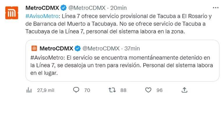 $!Por su parte el Metro compartió en redes sociales que el servicio se encuentra detenido en la Línea 7