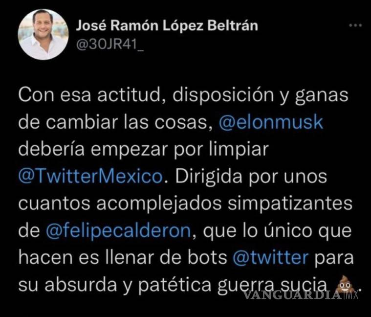 $!José Ramón López Beltrán pide a Musk ‘limpiar Twitter de seguidores de Calderón’