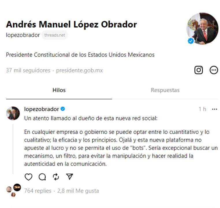 $!AMLO entra a Threads, pide a Zuckerberg no apostar solo por el lucro