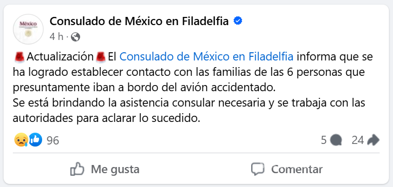 $!Consulado de México en Filadelfia contacta a familias de las víctimas del accidente de Learjet 55