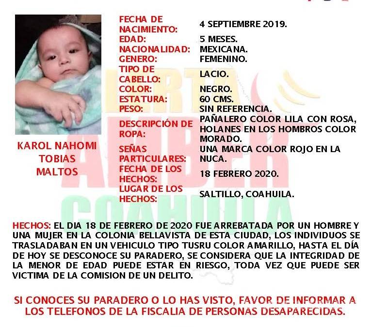 Consterna a Saltillo secuestro de bebé de 5 meses; un hombre y una mujer la arrebataron de los brazos de su madre