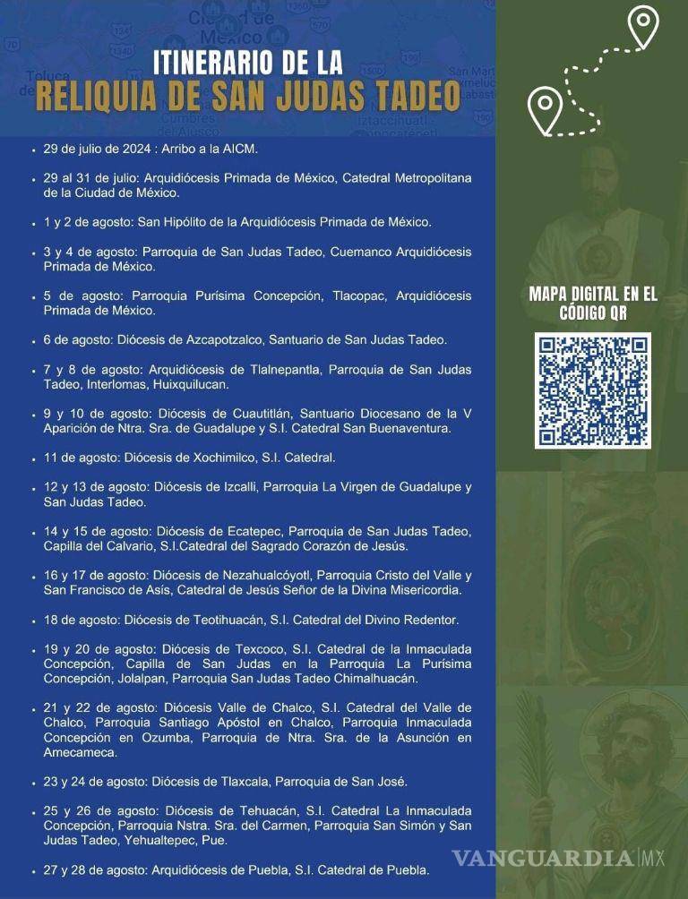 $!Reliquias de San Judas Tadeo llegan a México: ¿Cuál será el recorrido de las reliquias de primer grado?