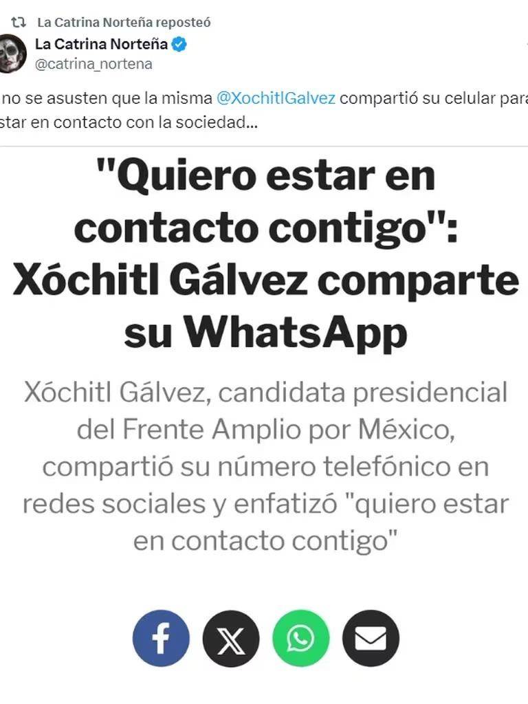 $!Número telefónico de Xóchitl Gálvez es filtrado, acusan a perfil de X cercano a Morena